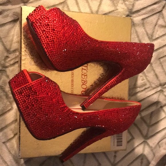 Red crystal peep toe pumps size 9 - Picture 3 of 8